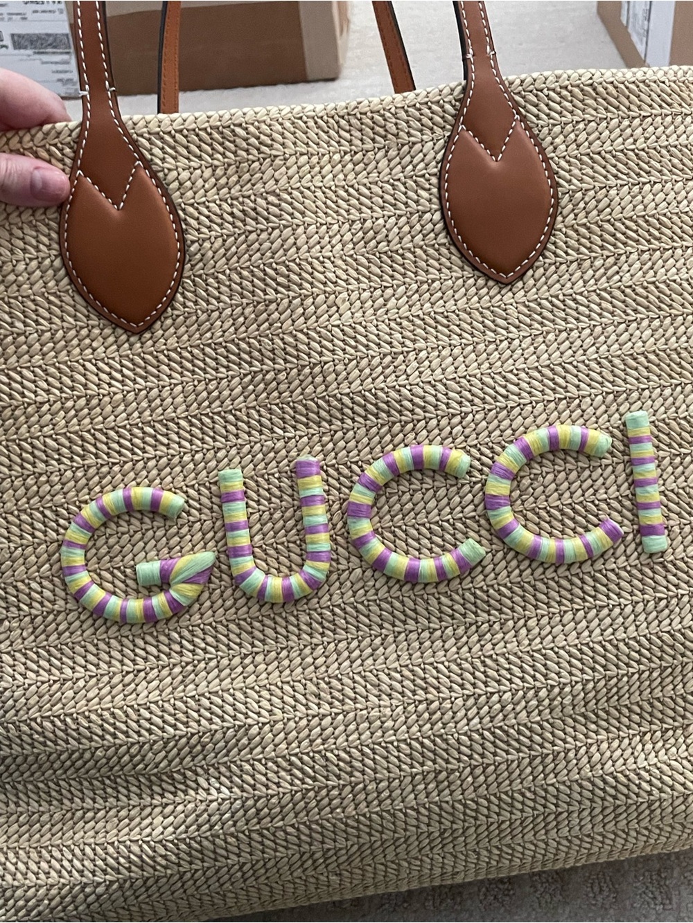 $2300 GUCCI Large Natural Straw Tote w/ Brown Leather Handles & Multicolor Logo - Picture 3 of 16